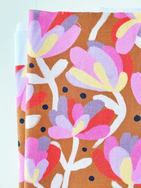 Coupon Flowers And Dots Marron French Terry 50X145 cm